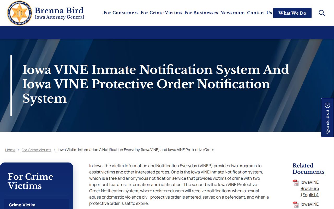 Iowa Attorney General page explaining IowaVINE custody searches and notifications