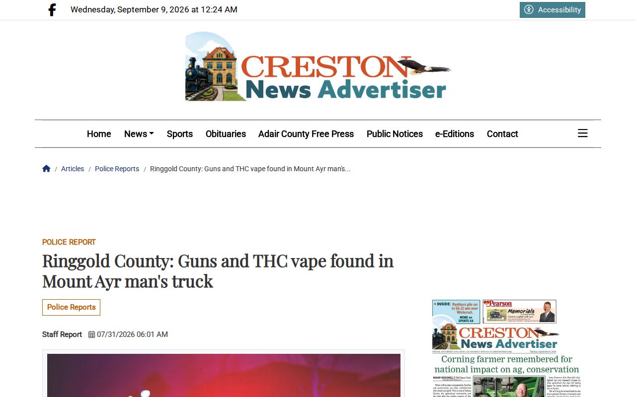Creston News page showing a Mount Ayr arrest report attributed to Ringgold County information