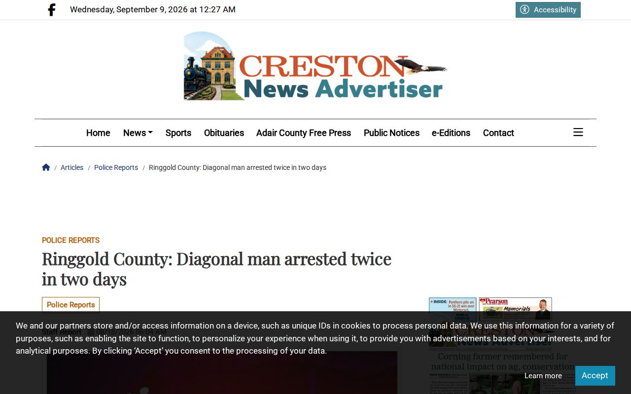 Creston News page with a Ringgold County report concerning a Diagonal arrest